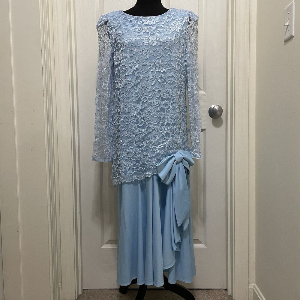 Vintage 80s Mister Jay Blue Lace Dress Sz 18 Formal Drop Waist Gown Bow‎ Cottage